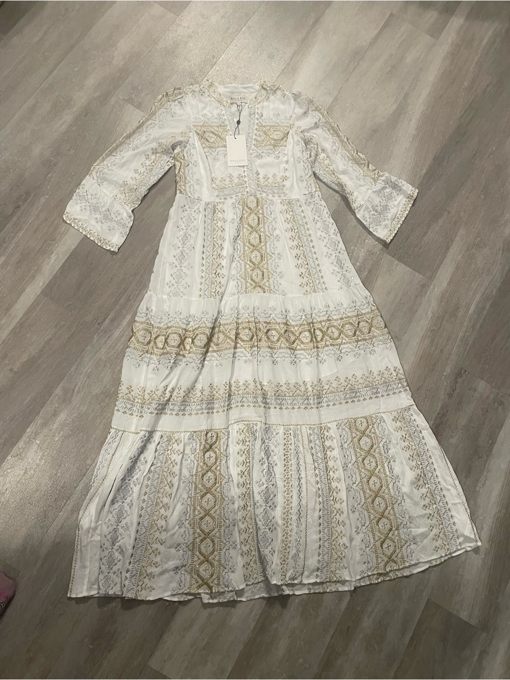 Hale Bob White Maxi Dress with Tan Patterned Panels size small NWT - Picture 3 of 14